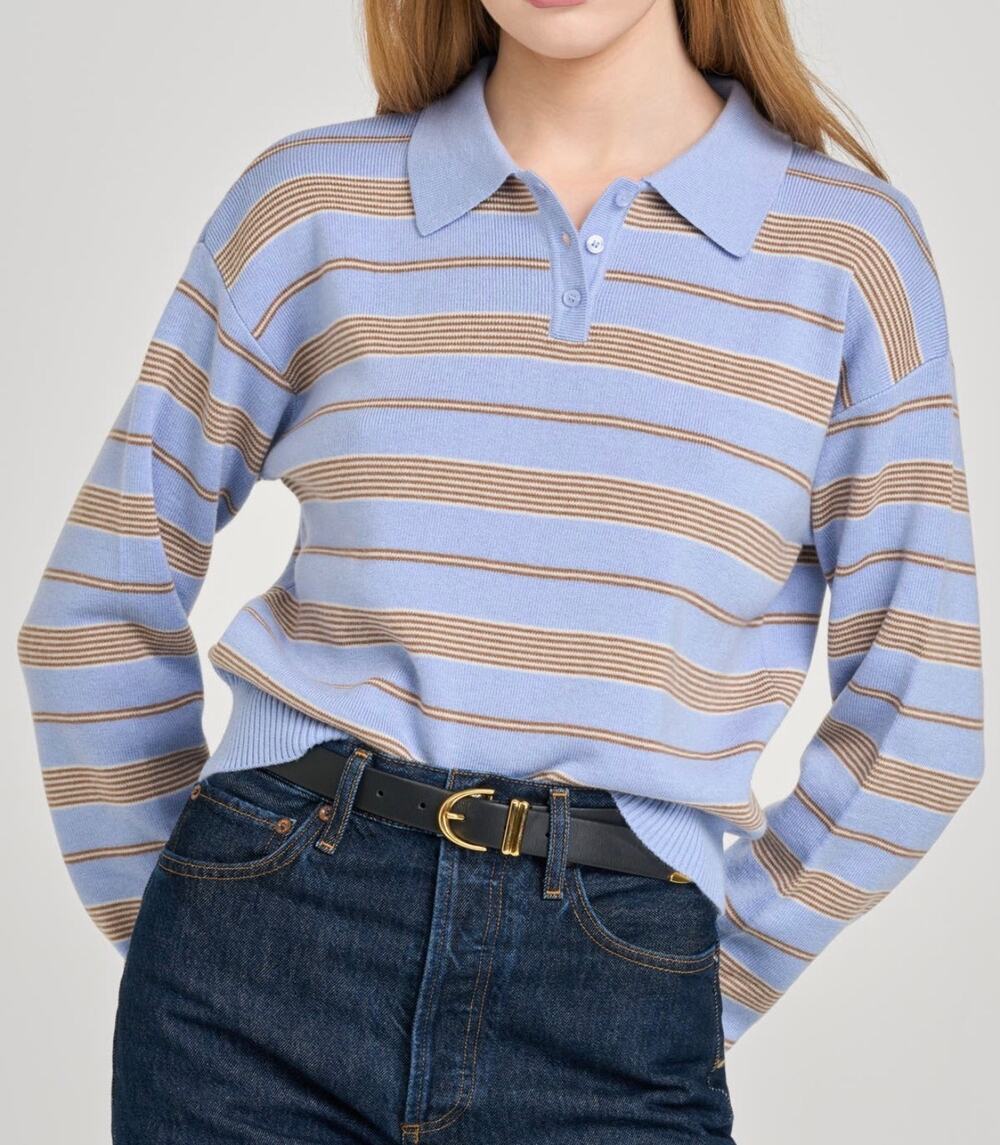 WAYF Carter Stripe Polo Sweater Blue Gray Small